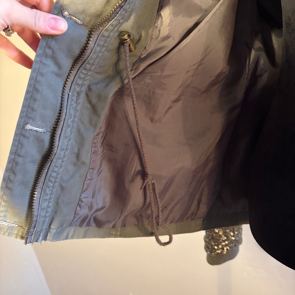Quinn Olive Green Utility Jacket Sequin Sleeves Snap Pockets Military Anorak L - Picture 8 of 16